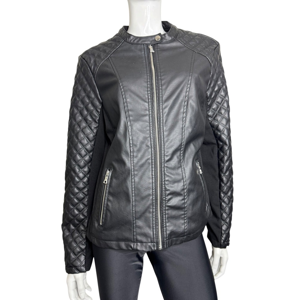 New Look Womens Black Faux Leather Quilted Moto Jacket XL Mixed Media Full Zip